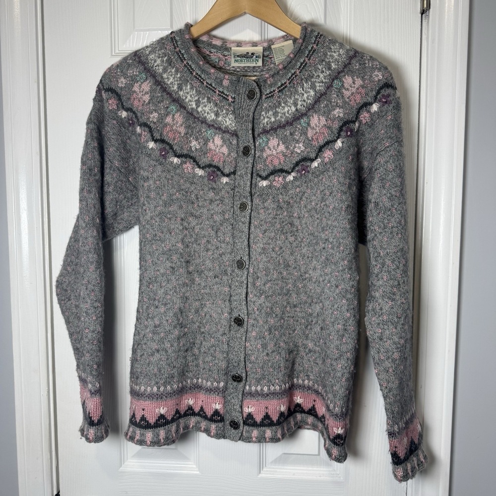 VTG Northern Reflections Women's Sweater Cardigan Floral Isle‎ Wool Blend Size S